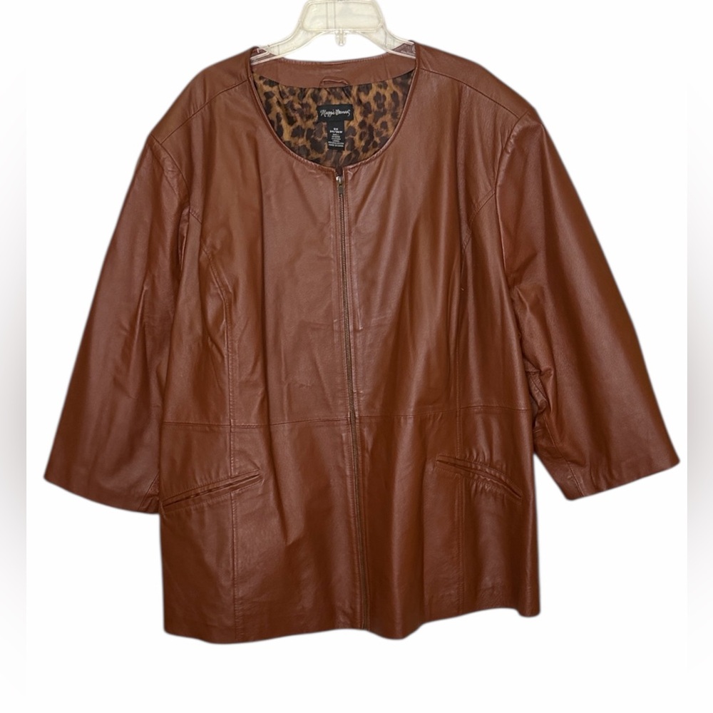 Maggie Barnes brown genuine leather jacket leopard print lining Plus Size 5X